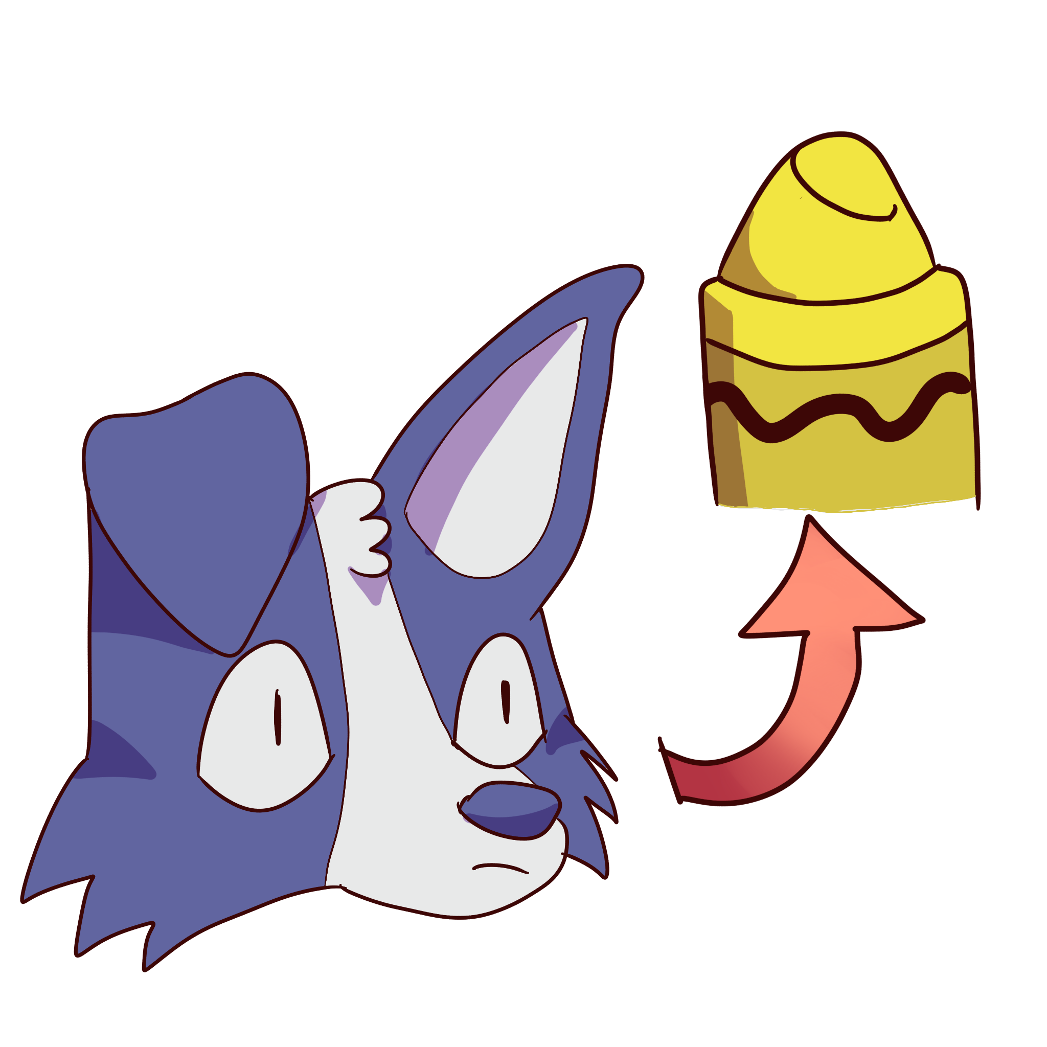 a stone faced blue dog with a red arrow pointing to a blunt yellow crayon